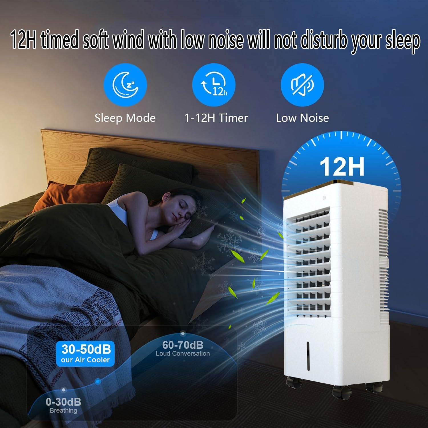 Raffreddatore d'aria evaporativo portatile con ventola silenziosa a 3 velocità, timer 12h, grande serbatoio d'acqua, unità CA di raffreddamento per camera da letto, ufficio, campeggio