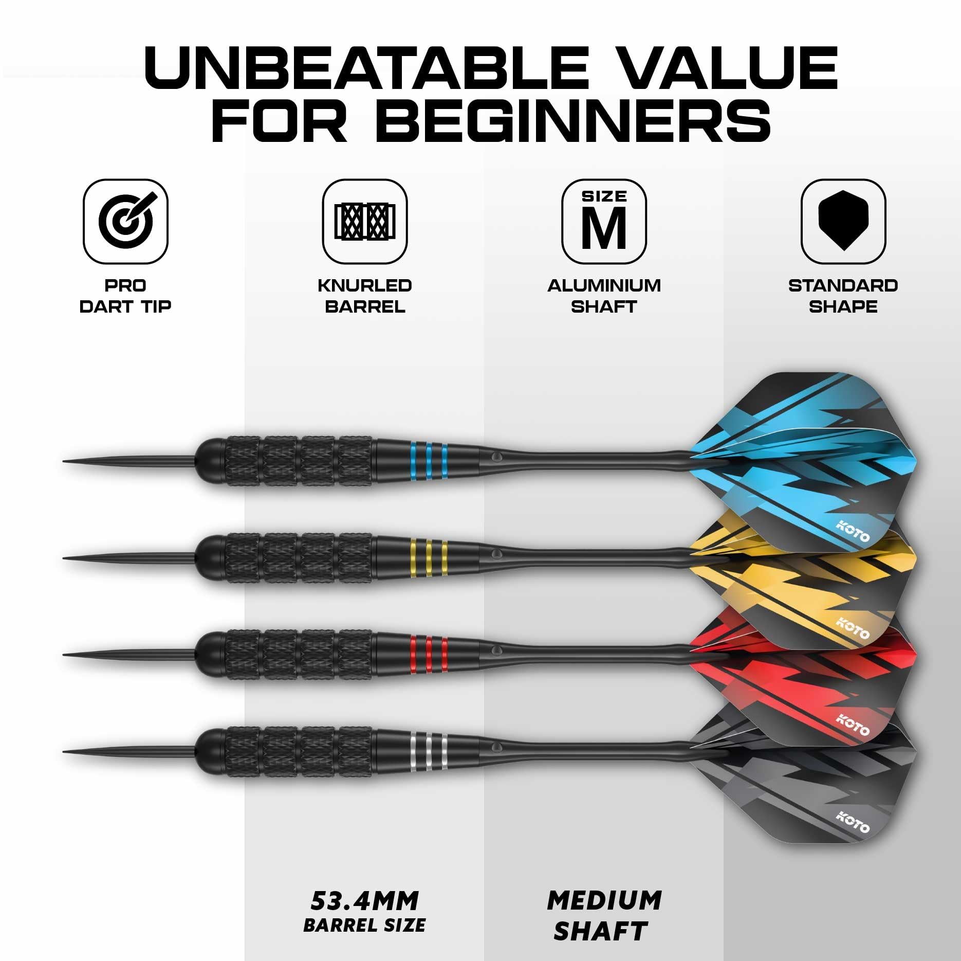 KOTO darts KOTO Multi Set de fléchettes en laiton avec 4 jeux de fléchettes en laiton avec revêtement noir (23 grammes), 4 jeux d'ailettes (100 microns) + coffret de transport en aluminium noir - 3