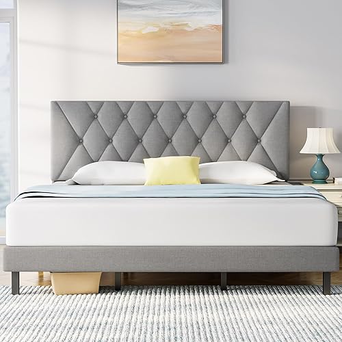 Molblly King Size Bed Frame with Adjustable Headboard, Linen Fabric Wrap, Strong Frame and Wooden Slats Support, No Box Spring Needed, Non-Slip and Noise-Free, Easy Assembly, Light Grey