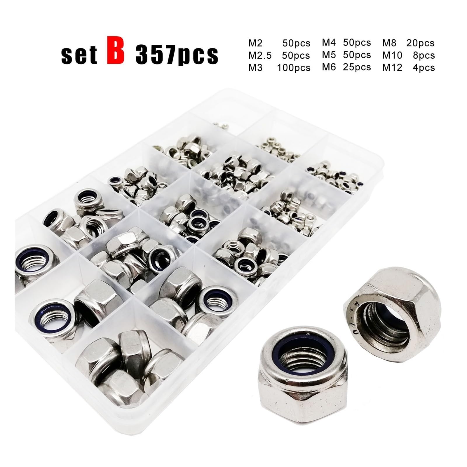 Kit de caja de tuercas de seguridad hexagonales de nailon autoblocantes de M2 ​​a M12, acero inoxidable 304(M2-M12)