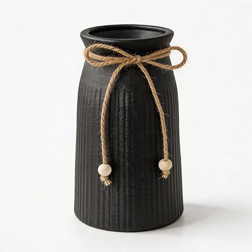 Small Ceramic Vase for Home Decor, 6" Farmhouse Ribbed Vase with Twine Bow, Black Decorative Flower Vase for Pampas Grass, Rustic Boho Vase for Table, Shelf, Living Room, Office