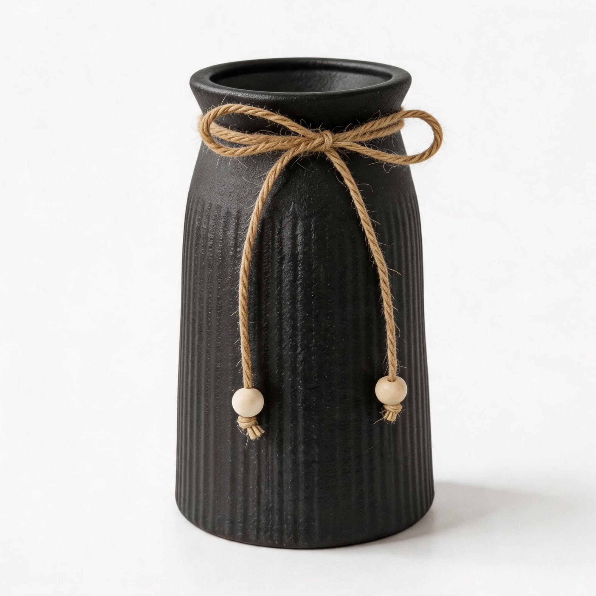 15CM Tall Ceramic Vase for Home Décor, Black Color Farmhouse Ribbed Vase with Twine Bow, Small Decorative Flower Vase for Pampas Grass, Rustic Boho Table Centrepiece, Shelf & Living Room