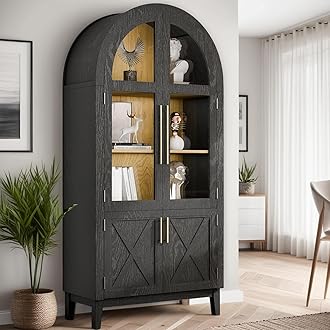 FONTOI Arched Cabinet with Glass Doors, Kitchen Storage Cabinet with Door, 5-Tier Arched Bookcase with Adjustable Shelves, Hutch Cabinet with Storage for Living Room, 74.3 Inch