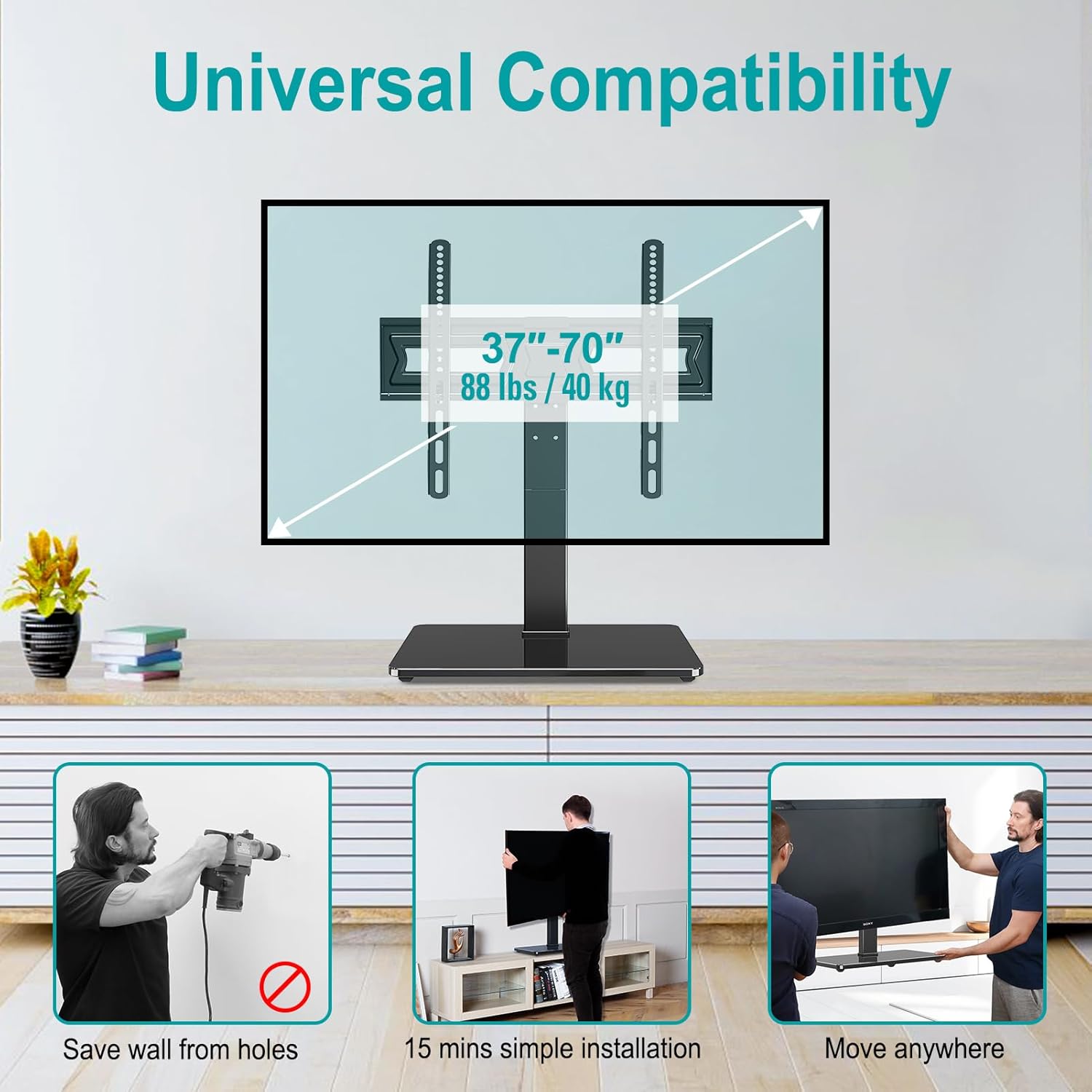 Universal TV Stand, Swivel Table Top TV Stand for 37 to 75 Inch LCD LED TVs, Height Adjustable TV Mount Stand with Tempered Glass Base, Holds up to 88lbs, Max VESA 600x400mm