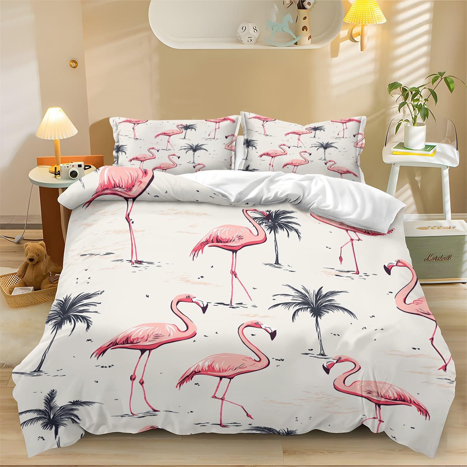 Sewing duvet covers Small Palm Trees And Pink Flamingos Print Bedding Duvet cover Color Cover with 2 Pillow Cases Soft Microfiber Easy Care Reversible Duvet Set Super King