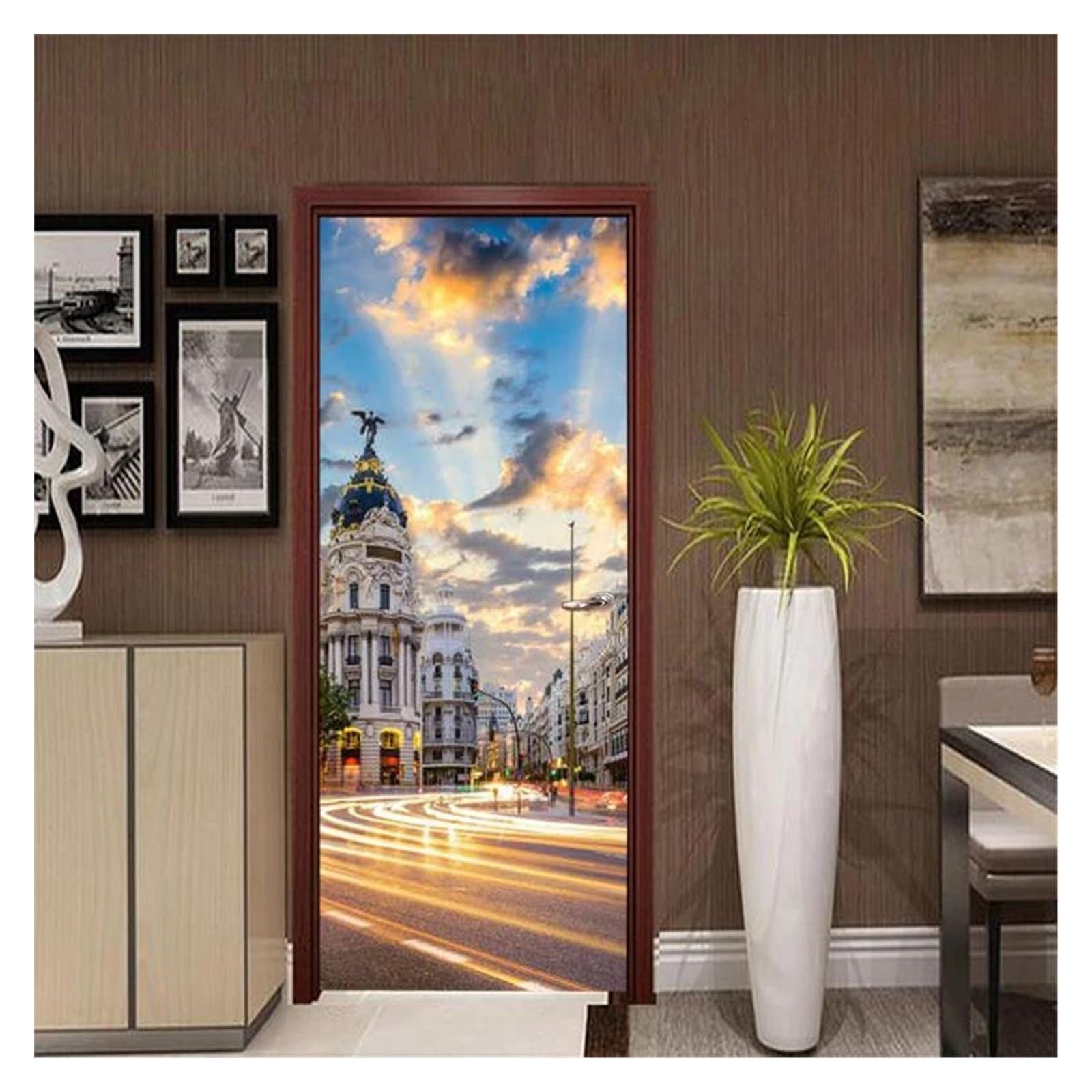 Stickers décoration salon pour rénover une porte abîmée avec une vue de rue d'art