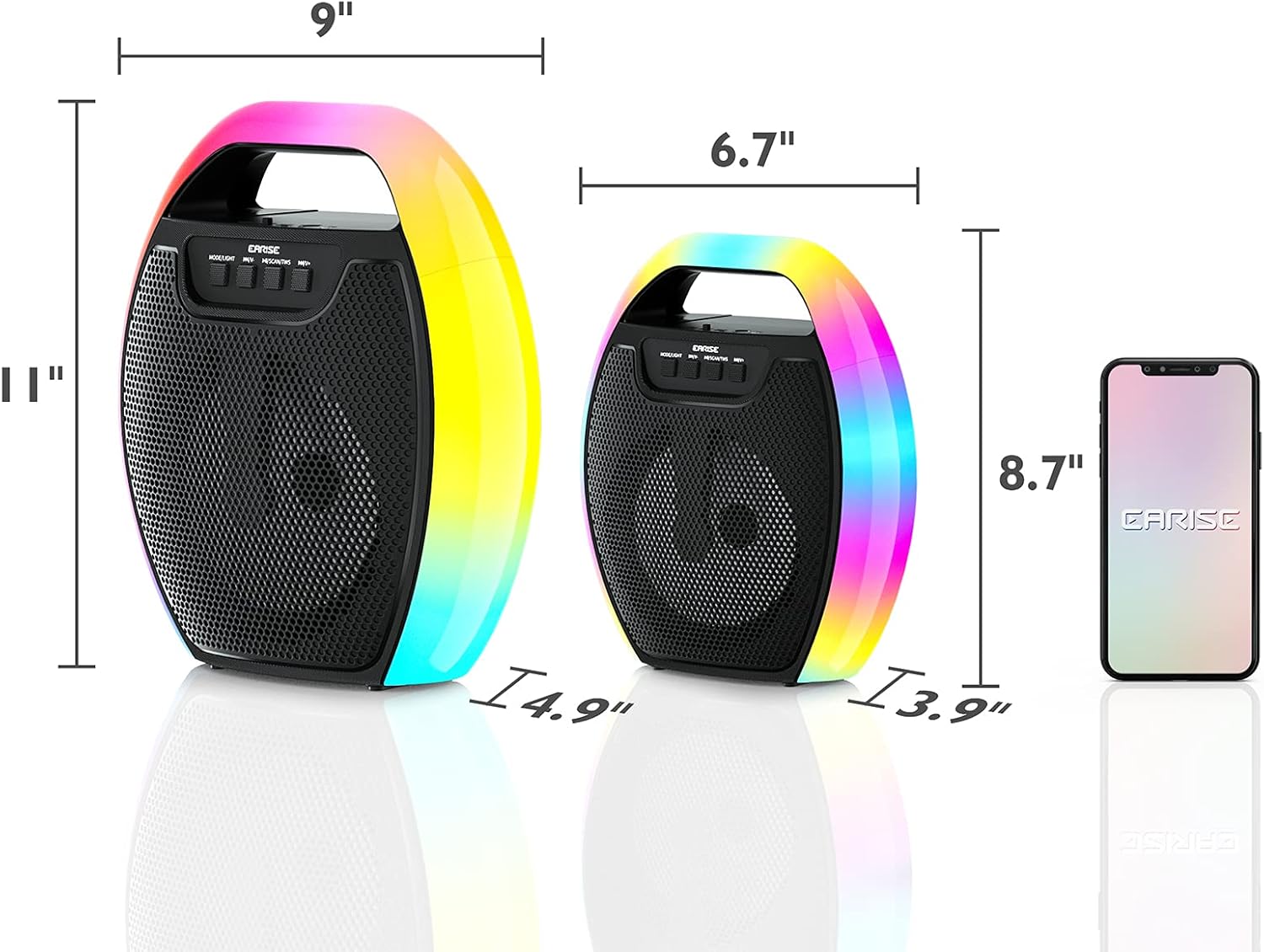 Diagram showing dimensions of EARISE D61 Plus speaker: 9 inches wide, 11 inches high, 4.9 inches deep