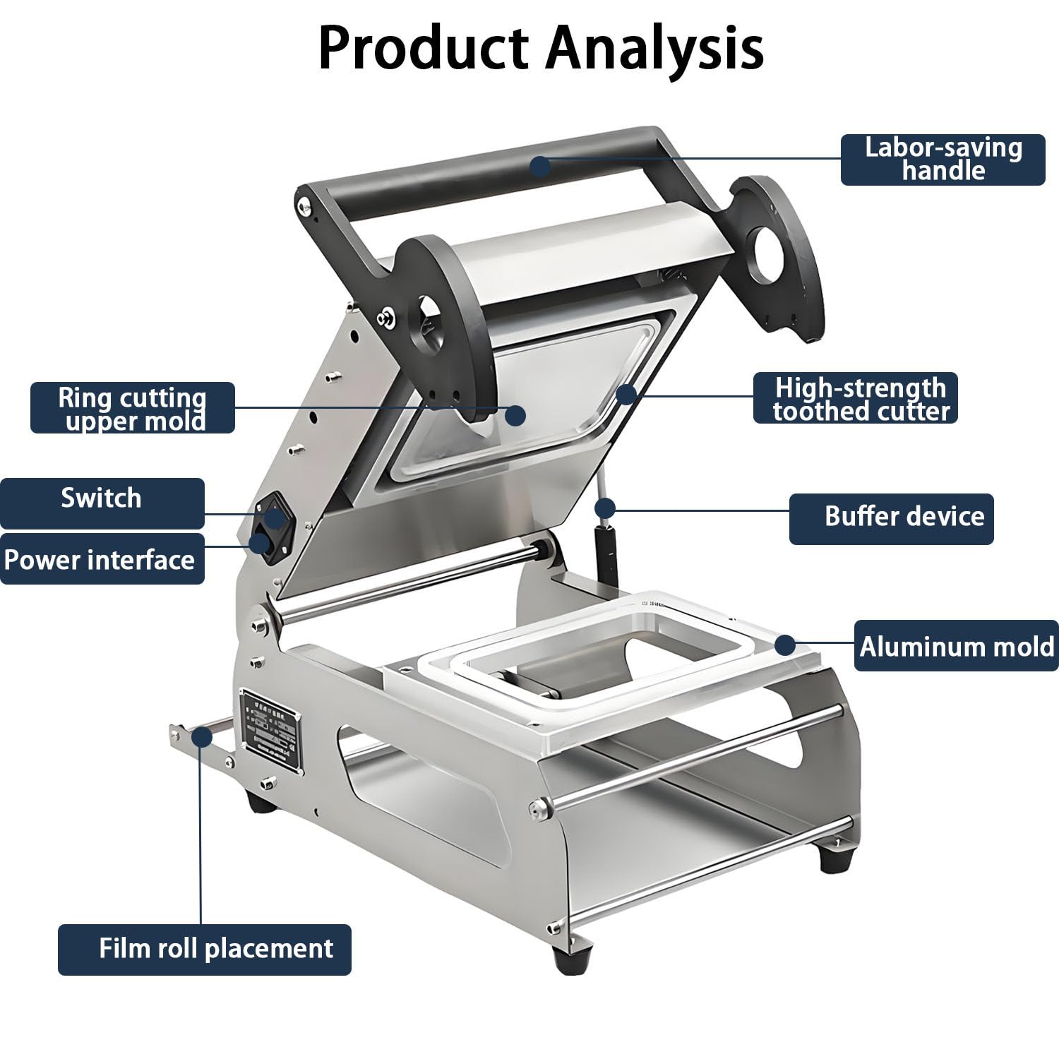 Lebensmittelversiegelungsmaschine für Fleisch, Fisch, Obst, Fertiggerichte - Edelstahl, Handdruck, Temperaturkontrolle, 500 Boxen/H, 7-8 Tabletts/MIN