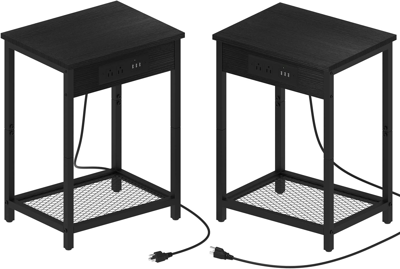 CADUKE Black Night Stand Set of 2 Bedside Table with Charging Station Small End Table with USB Ports and Power Outlets for Bedroom Living Room