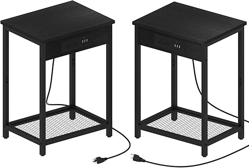CADUKE Juego de 2 mesitas de noche negras con estación de carga, mesa auxiliar pequeña con puertos USB y tomas de corriente para dormitorio y sala
