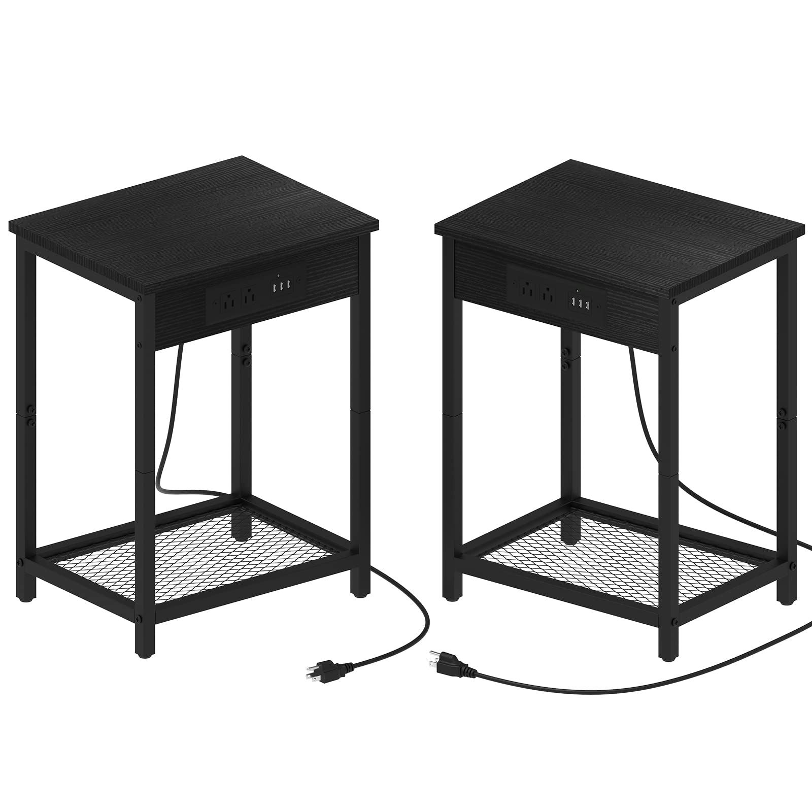 CADUKE Black Night Stand Set of 2 Bedside Table with Charging Station Small End Table with USB Ports and Power Outlets for Bedroom Living Room