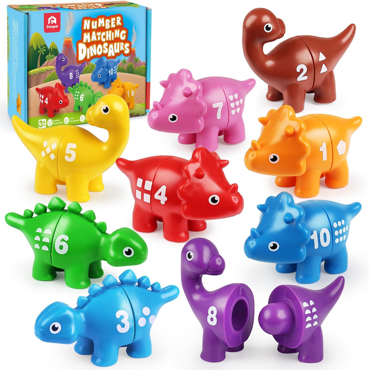 – Numbers Matching Game 10PCS, 123 Counting Dinosaur Toys, Educational Preschool Fine Motor Skill Mathematics Learning Toys for 2 3 4 Years Old