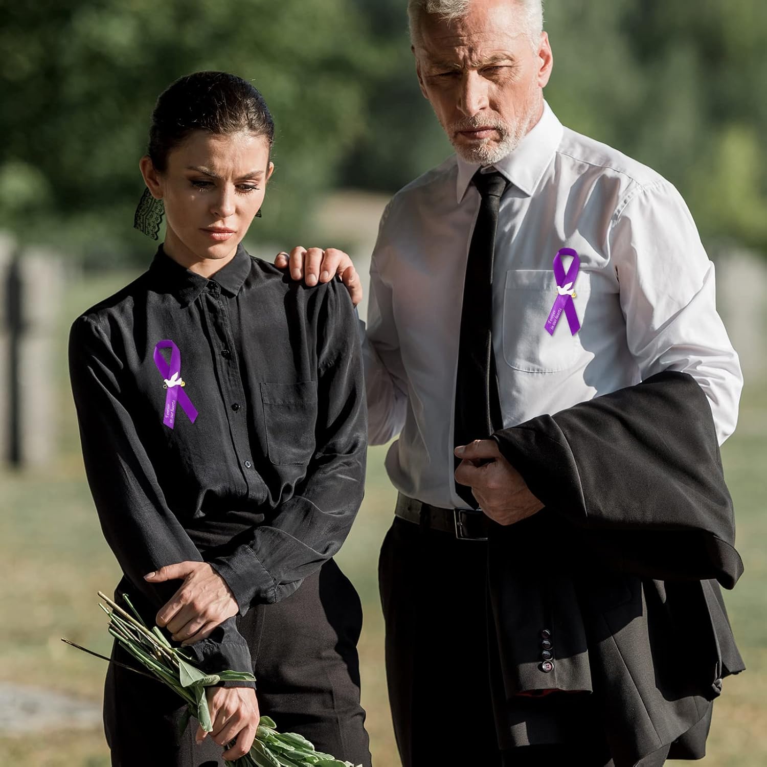 50 Pcs Dove Funeral Ribbons Memorial Ribbon Funeral Pins Classic Memorial Service Respect Ribbon Bow with Safety Pins and Dove for Mourning Remembrance Day Event(Purple)