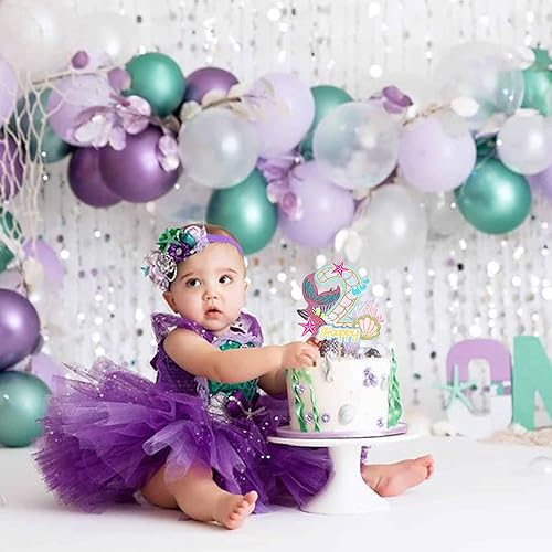 Miniatura 6 de 1 paquete de decoración de pastel de sirena para 2 cumpleaños, feliz cumpleaños, océano, criatura del mar, decoración de pastel de sirena para