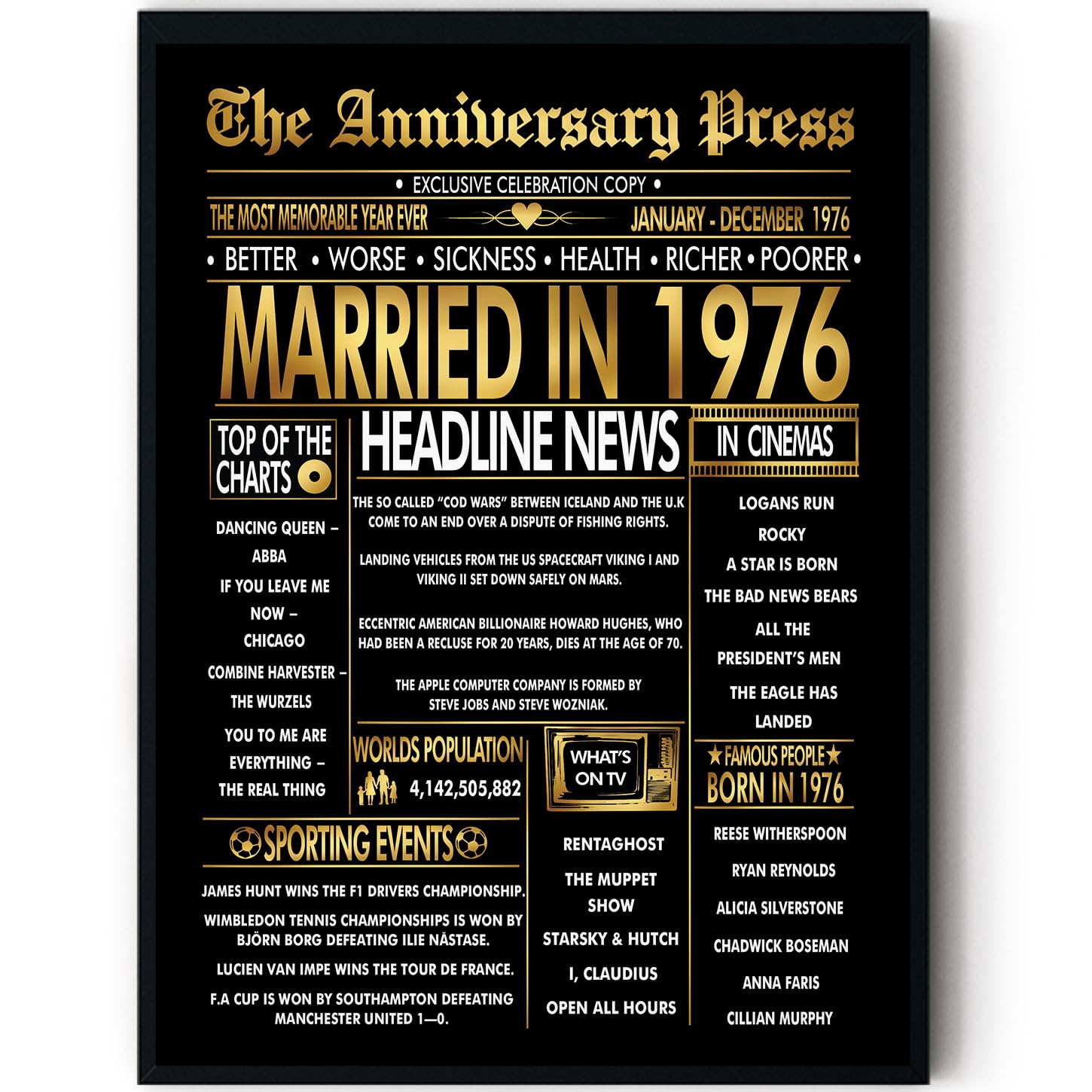 Stuff4 Men's 1976 Gold 50Th Anniversary Poster Framed - Golden Married In Newspaper - 50 Anniversary For Wo Retro Vintage Gifts Back In 8X10 Inch Bday Party Decor Decoration