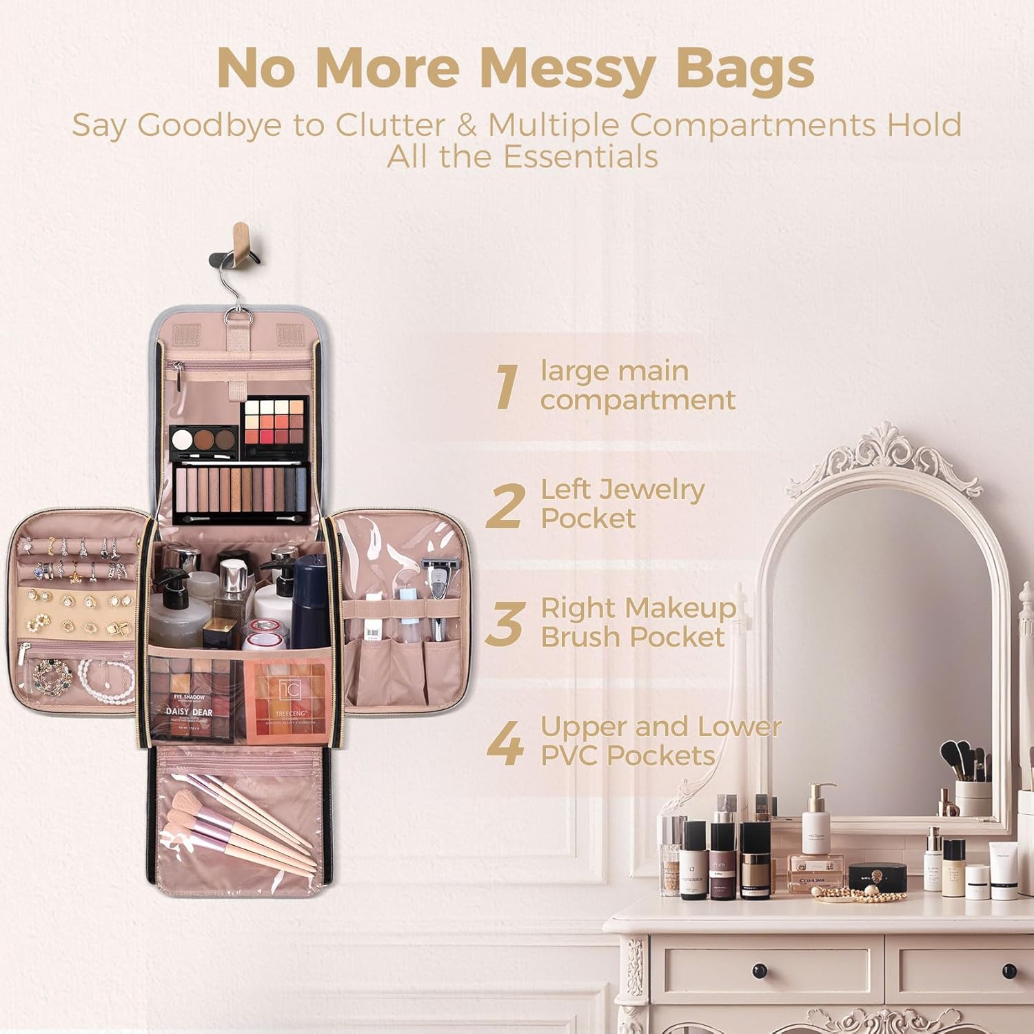 Hanging Toiletry Bag & Makeup Bag for Women with Jewelry Organizer - TSA Approved Large Capacity Travel Cosmetic Organizer, Waterproof Shower Essentials Case with Transparent Pockets - Image 3