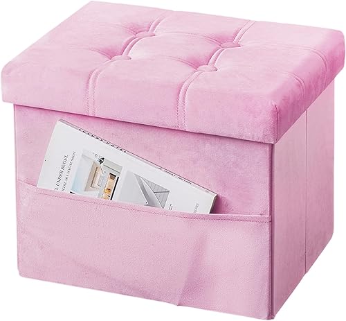Miniatura 22 de Taburete otomano de almacenamiento, otomana plegable de 17 pulgadas con almacenamiento, banco de almacenamiento de terciopelo con bolsillo lateral,
