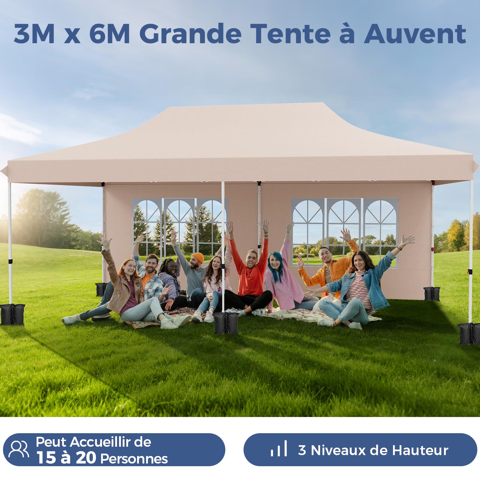 COSTWAY Tonnelle de Jardin 3x6M avec 6 Parois Latérales Amovibles, Tente de Reception Escamotable avec Sac de Transport 6 Sacs de Sable, Tonnelle Instantanée pour Fête Mariage BBQ (Beige)