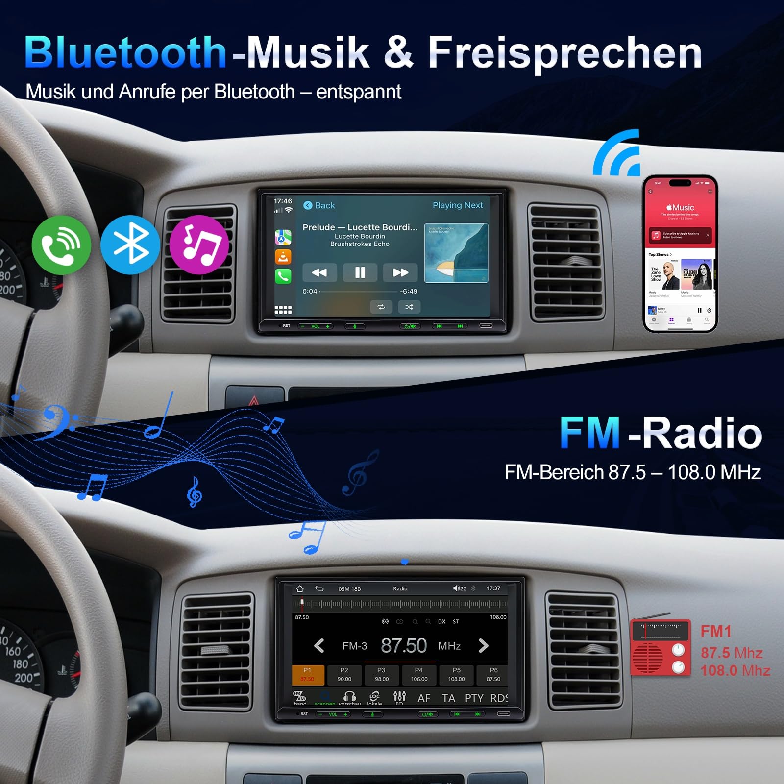 Autoradio 2 Din con Wireless Carplay & Android Auto 7 Pollici Touchscreen Stereo Auto Radio DAB, Bluetooth