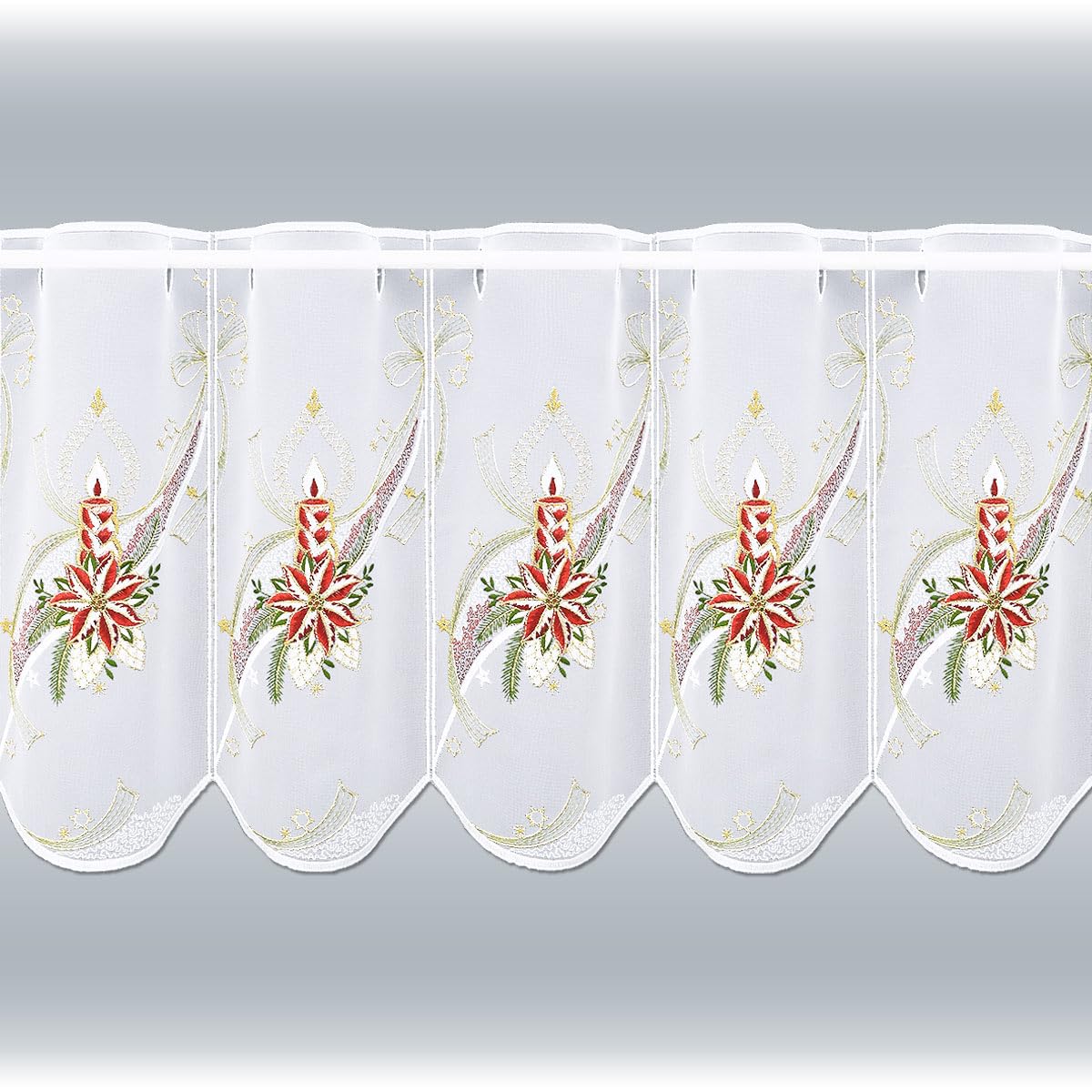 Scheibengardine Goldener Kerzenschein Vogtländische Spitze | Bestickte Winter-Kurzgardine mit Adventskerze | Klassische Bistrogardine mit rotem Weihnachtsstern | Scheibenhänger H x B 35 x 208 cm