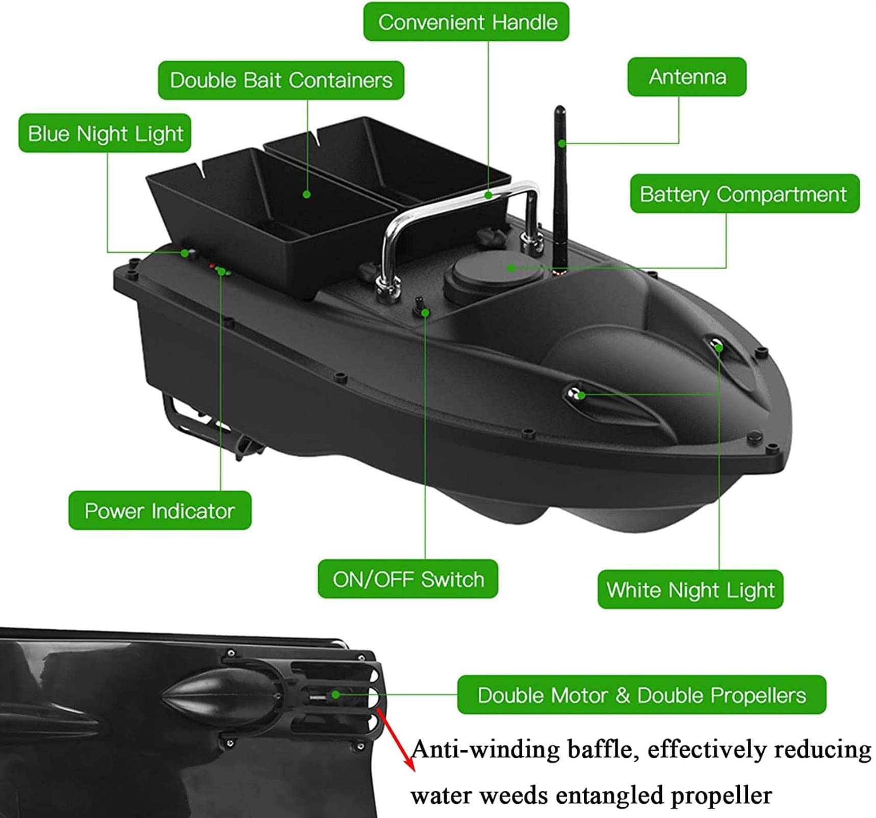 Barca Esca da Pesca, Barchino Carpfishing Telecomandato con Doppio Motore e Illuminazione a LED, Barca Rc Professionale, Robusto e Impermeabile, 12000mAh, Tempo di Utilizzo Lungo