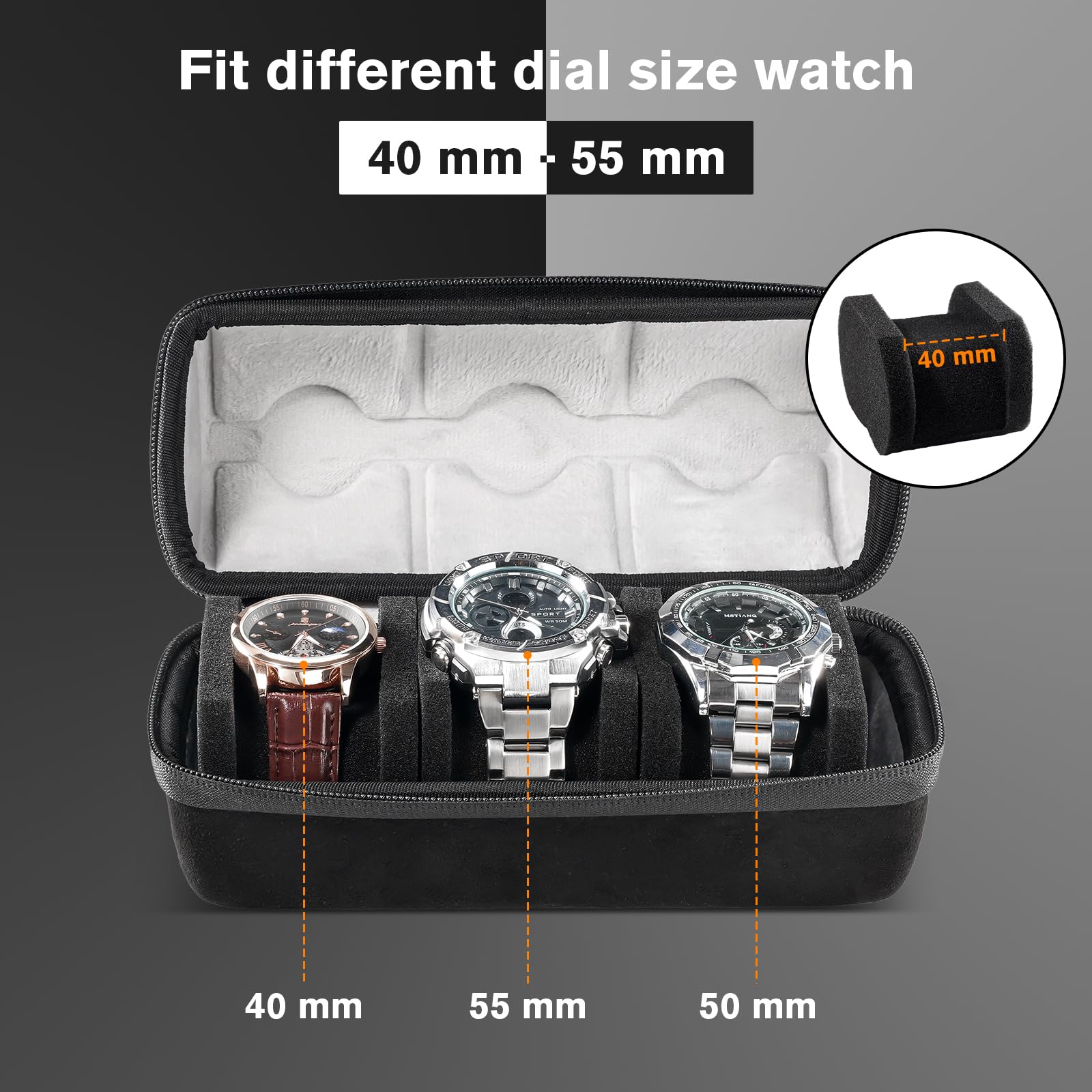 Étui de Voyage pour Montres Homme et Femme, étui à 3 emplacements, boîte de Transport Portable, étui Rigide pour Montres Homme avec Coussin Antichoc - 3 emplacements, Noir/Gris