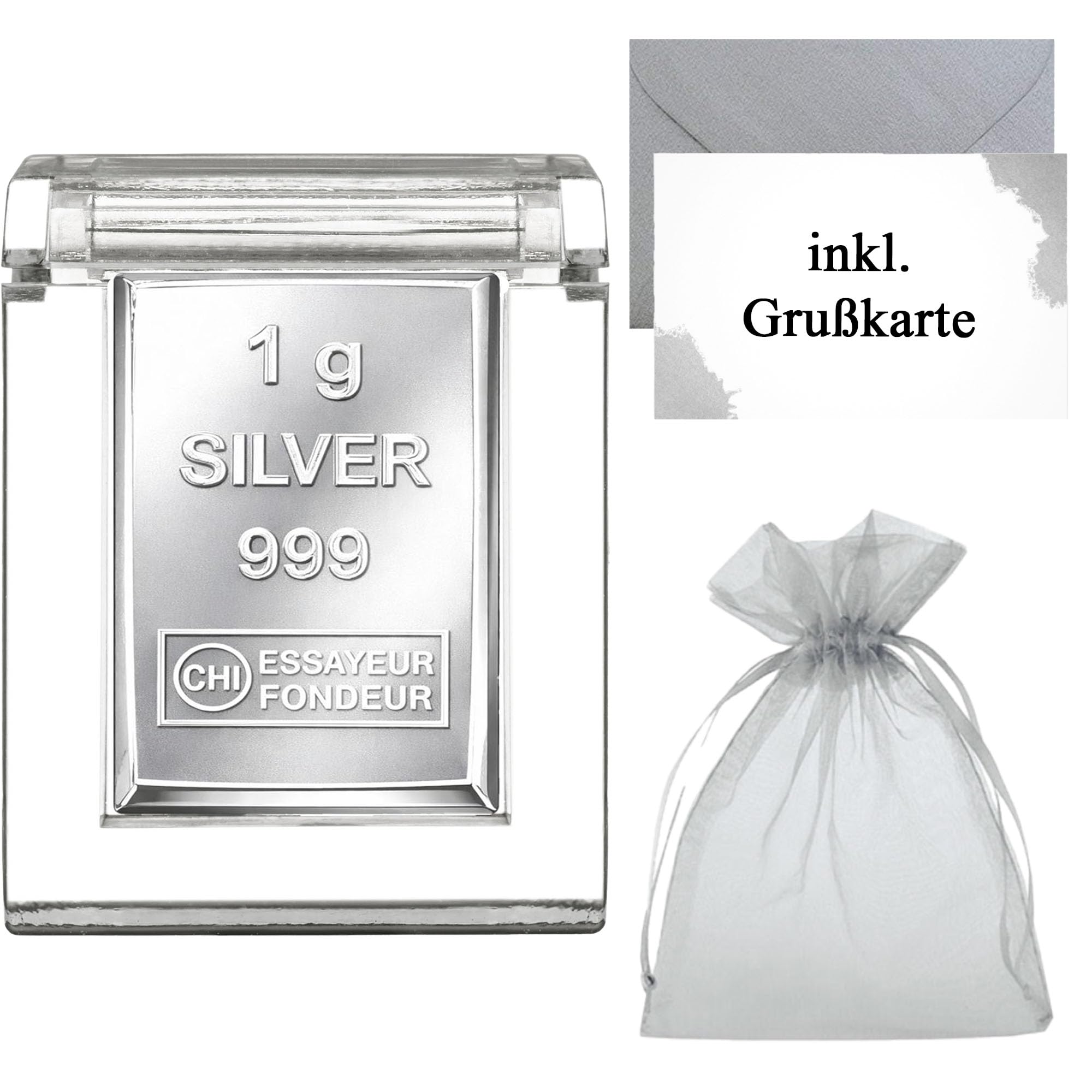 1g Silberbarren 999 Feinsilber in Acrylglaskapsel – inkl. Geschenkbeutel, Grußkarte & Echtheitsgarantie – kleines Silber Geschenk & Mitbringsel - Silberstücke24