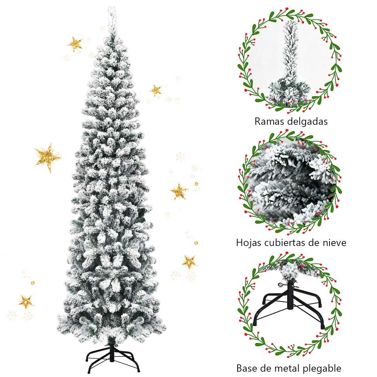 COSTWAY 225cm Árbol de Navidad Artificial Nevado, Agujas de PVC de 641 Puntas, Árbol de Navidad Slim/Estrecho, Soporte de Metal, Decorativa Nieve para Hogar Oficina Fiesta (225 cm)