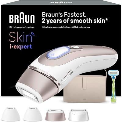 Braun Luz Pulsada Skin i·expert Smart IPL, PL7387, Blanco/Bronce – Alternativa a Depiladora Laser Con Inteligencia Artificial, Eliminación Del Vello En Casa, Neceser, Maquinilla Venus, 4 Cabezales