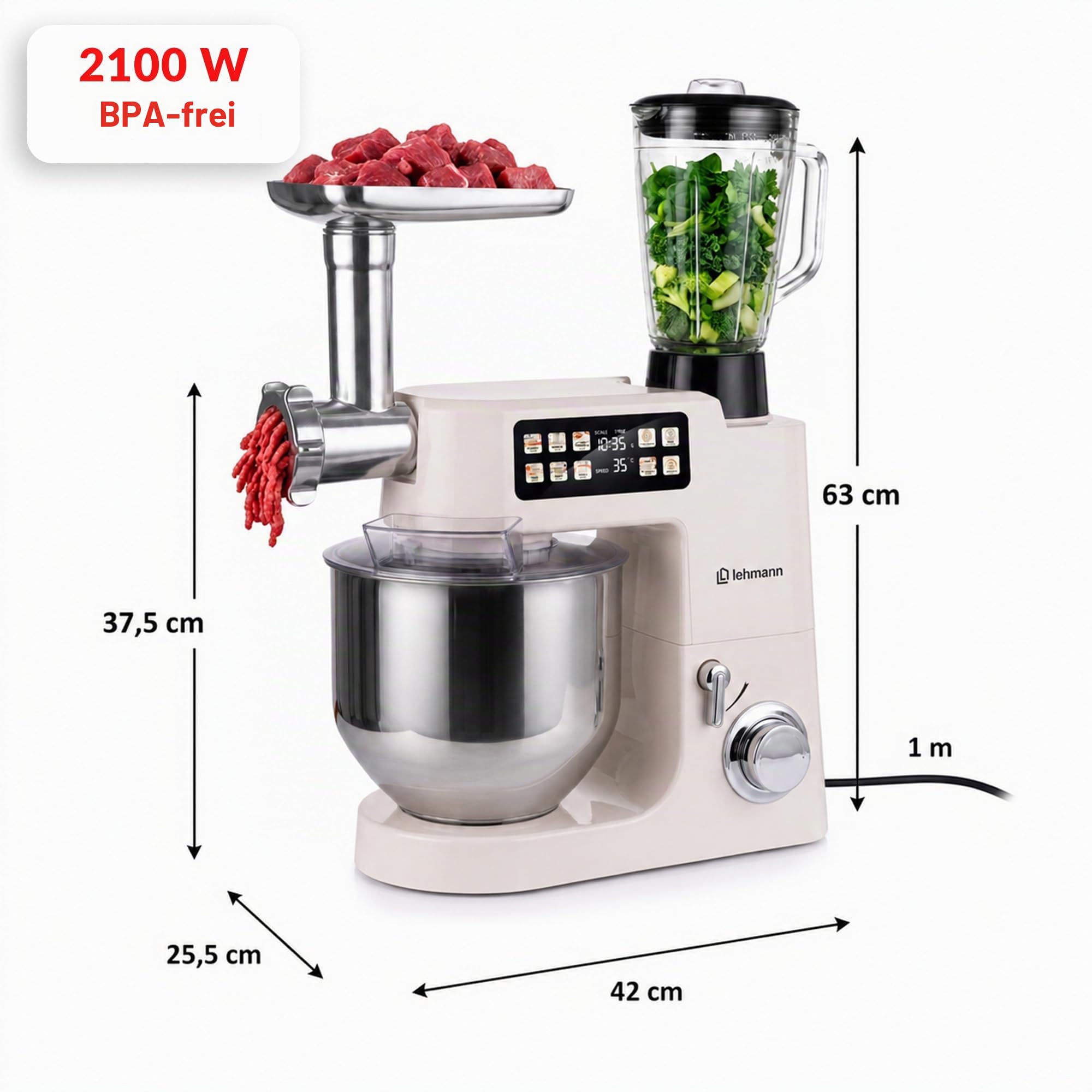 LEHMANN Teyles Multifunktions-Küchenmaschine 8L 2100W mit Waage & Heizschüssel, Planetarische Knetmaschine für Brot- & Pizzateig, 1,5-Liter-Mixer, Fleischwolf, Touchdisplay, Beige