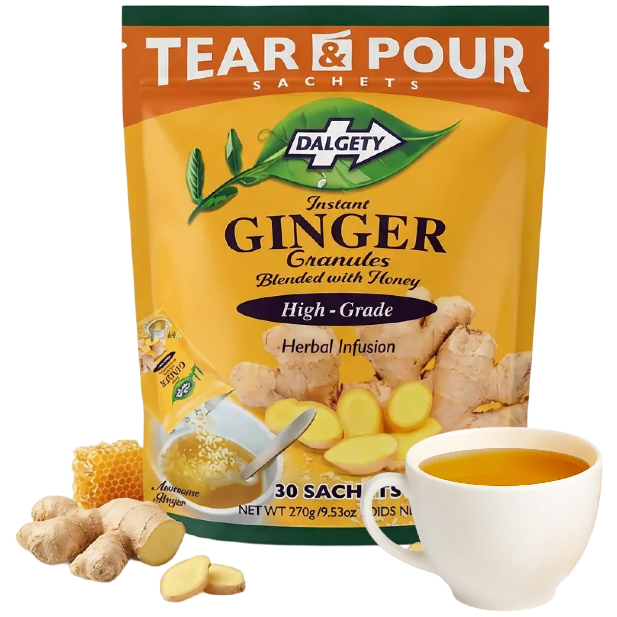 Dalgety Tear & Pour Instant Ginger Granules Herbal Infusion Sachets 270g Packet (Total 30 Sachets)100% Natural, Caffeine Free Tea; Delicious and Packed with Unique Health Benefits