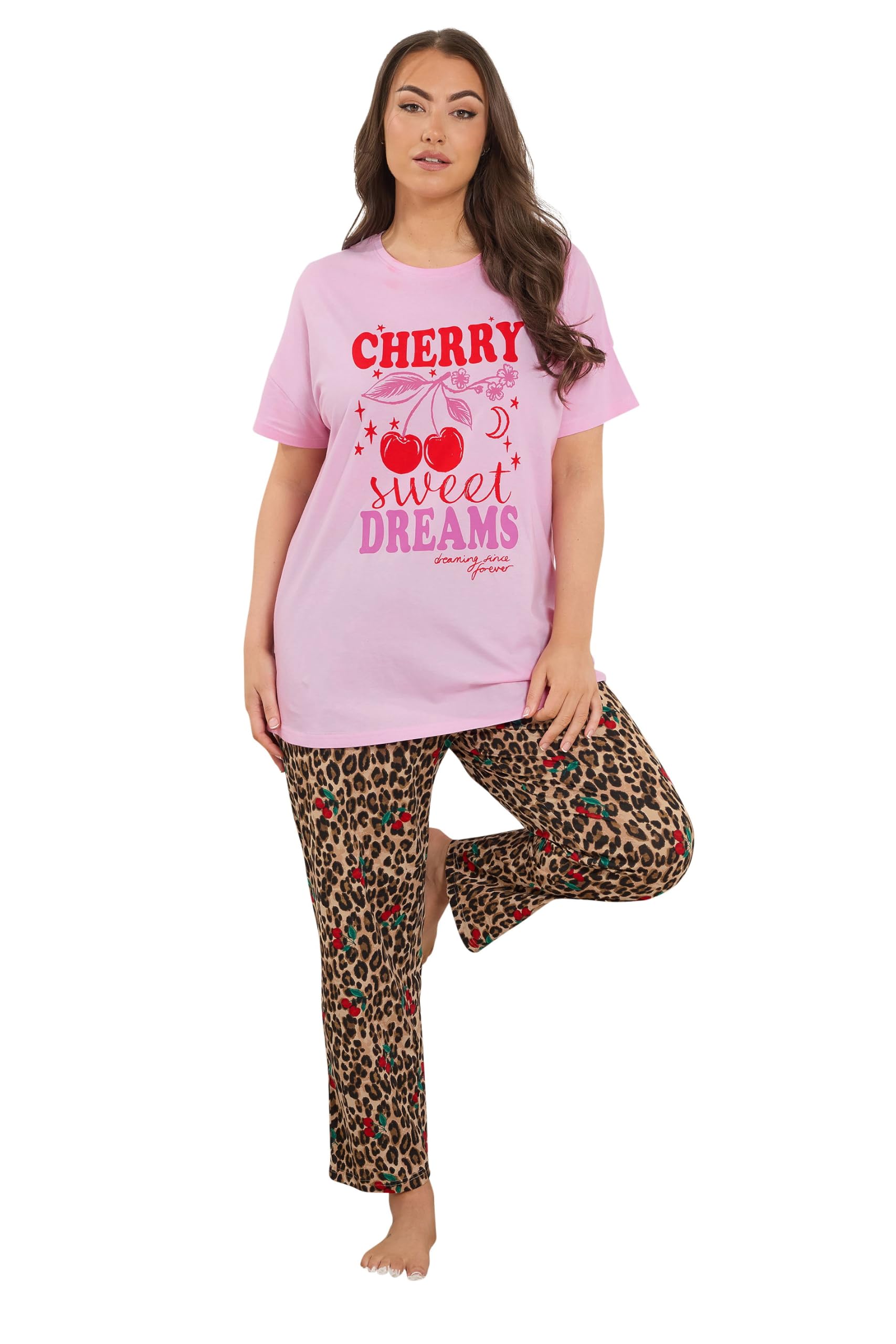 Yours Curve 'Cherry Sweet Dreams' Leopard Pyjama Set - Women's - Plus Size Curve Pink