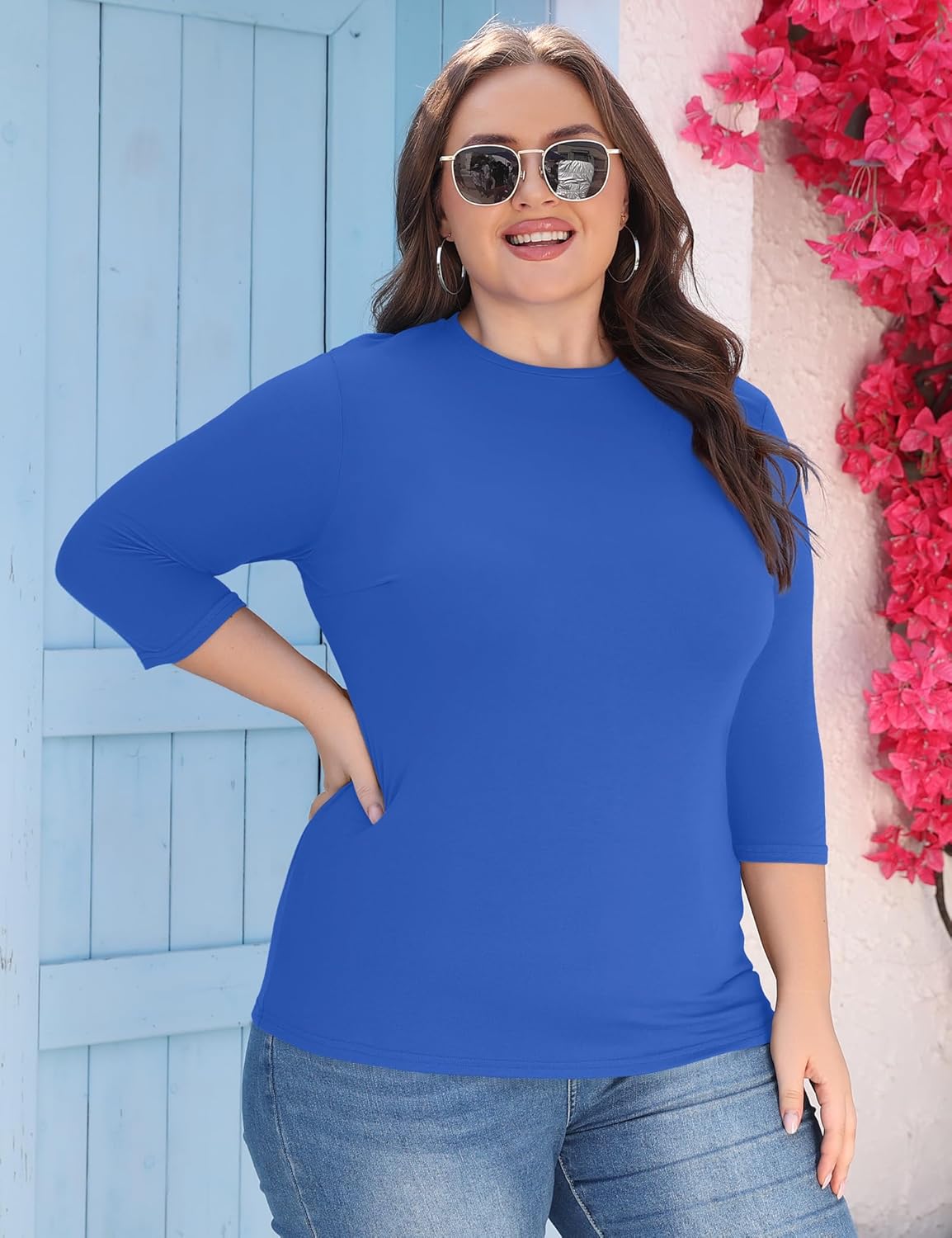 COOTRY Womens Plus Size Tops 3/4 Sleeve Shirts Crew Neck Casual Slim Fit Basic Blouses Tee 2026 Fall Outfits - Image 2