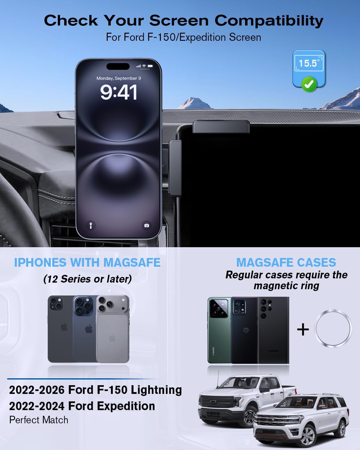 360° Adjustable Magnetic Phone Holder for 2022-2024 Expedition & 2022-2026 F-150 Lightning & Mustang Mache 15.5 Inch, Screen-Friendly for MagSafe Magnetic Car Dash Phone Holder