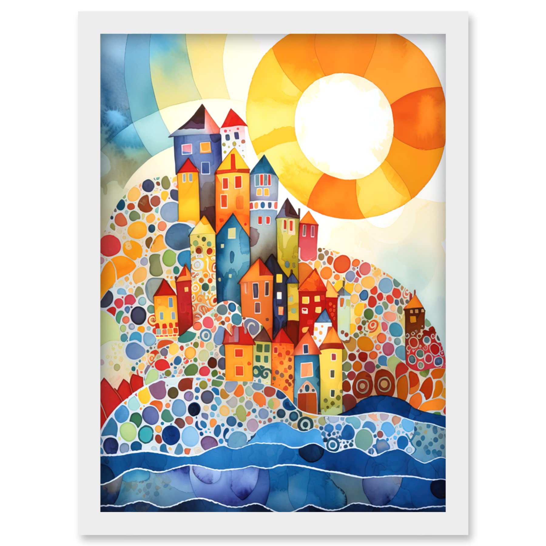 Artery8 Abstract Seascape Sunrise Village Folk Art Artwork Framed Wall Art Print A4