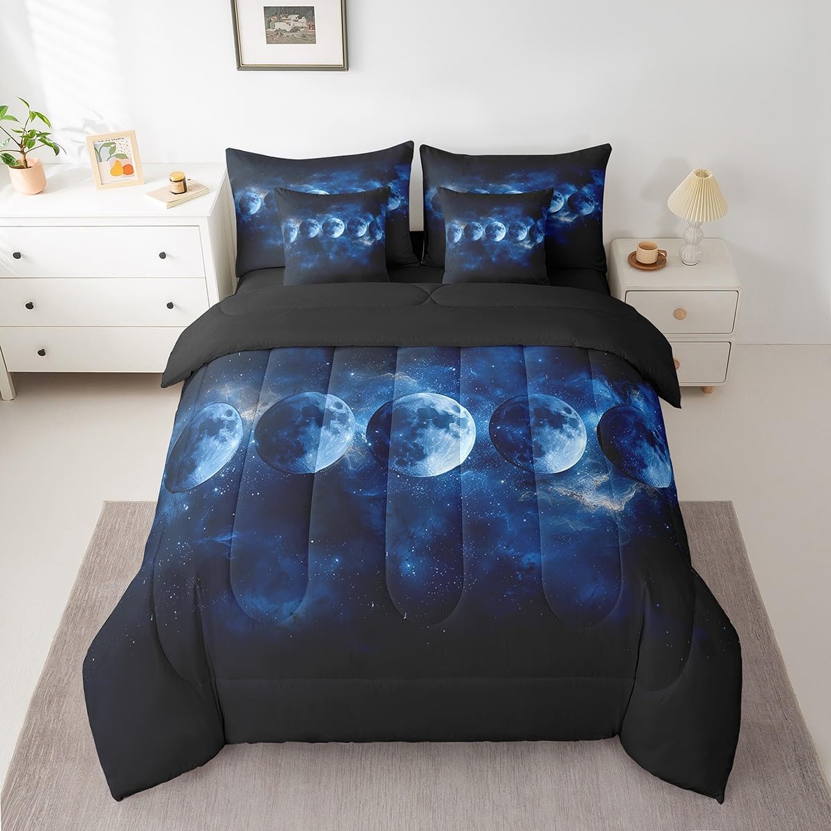 jejeloiu Blue Solar System Queen Comforter Set with Sheets Outer Space 7 Pieces Bedding Set for Kids Boys Girls Teens Room Decor Universe Planets Bed in a Bag Queen Size Galaxy Bed Set
