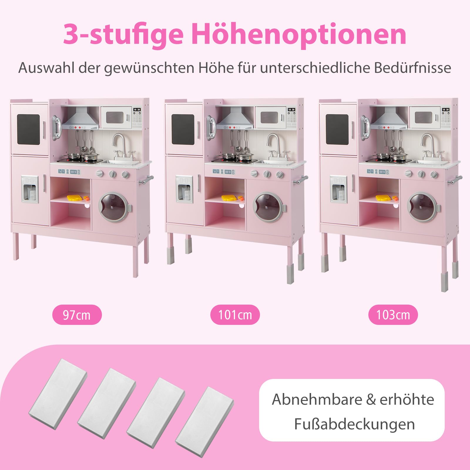 COSTWAY Kinderküche Holz, Spielküche mit Licht und Sound, Holzküche mit Tafel, Mikrowell, Spüle, Ofen & Stauraum, inkl. Zubehör, Spielzeugküche für Kinder ab 3 Jahren (Rosa)
