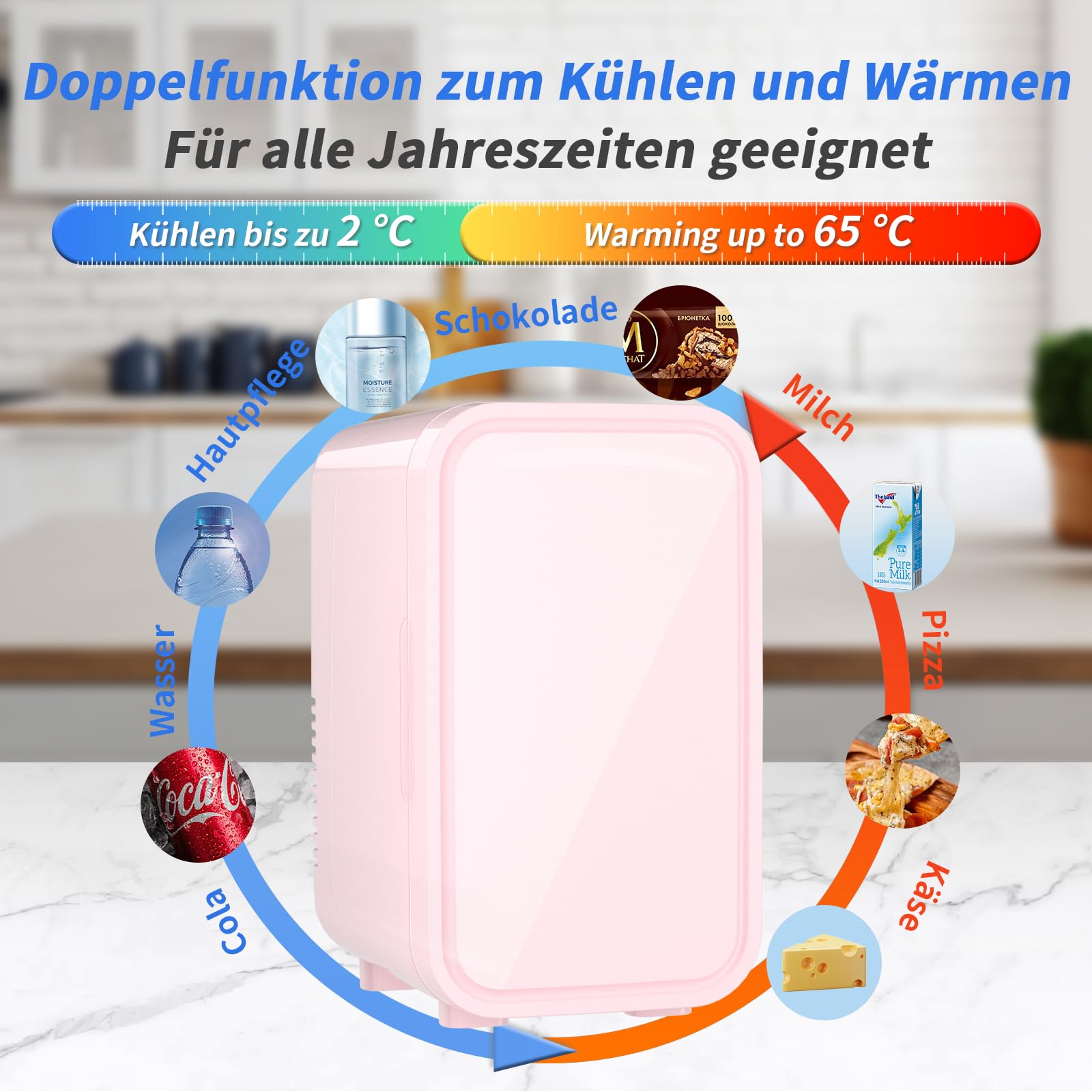 YASHE Mini-Kühlschrank, 6 Liter/8 Dosen, 220–240 V AC/DC, tragbarer thermoelektrischer Kühler, Kühlschränke für Schlafzimmer, Hautpflege, Getränke, Büro, Wohnheim und Auto, Pink
