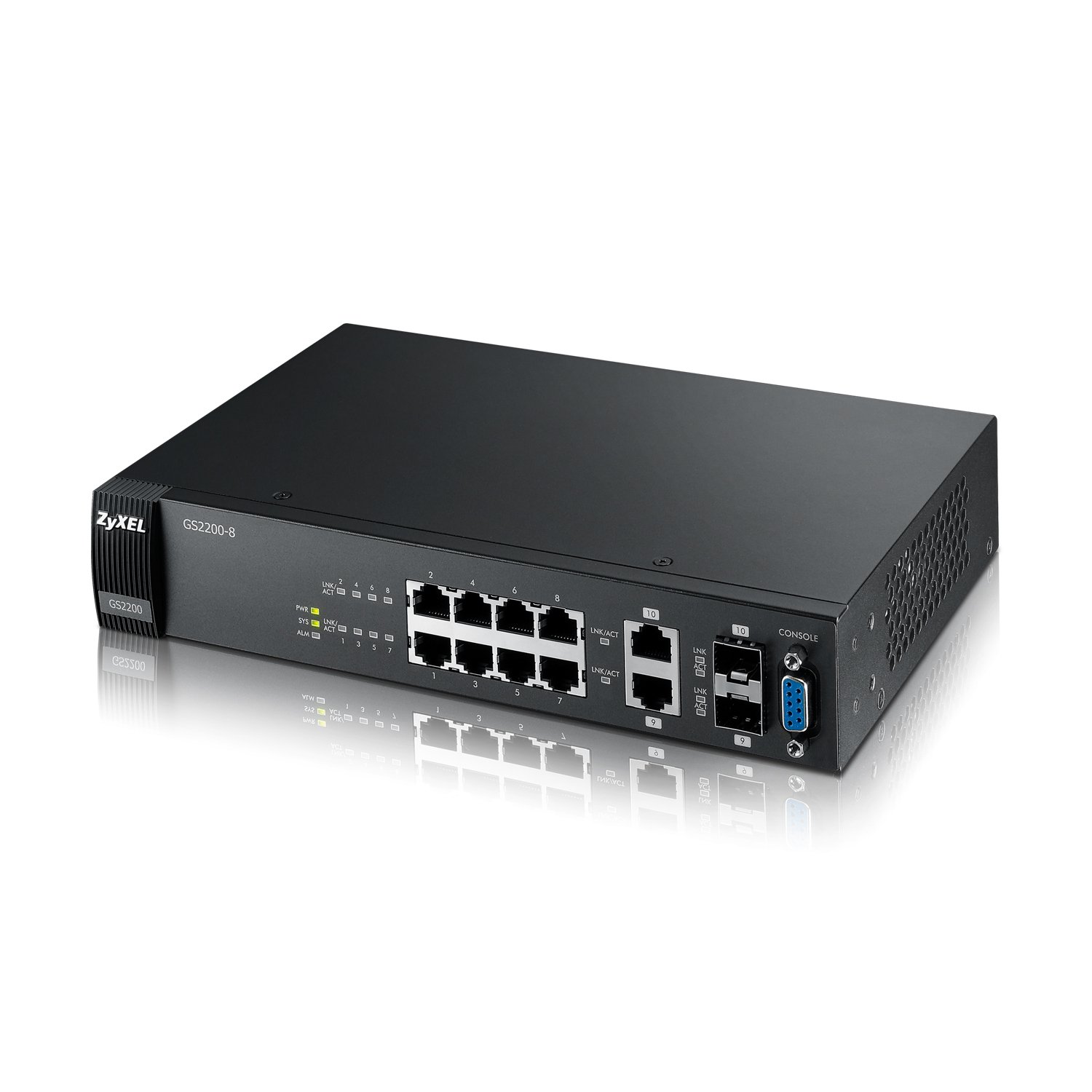 Front panel of the ZyXEL GS2200-8 switch showing 8 Gigabit Ethernet ports, 2 SFP ports, and status LEDs.