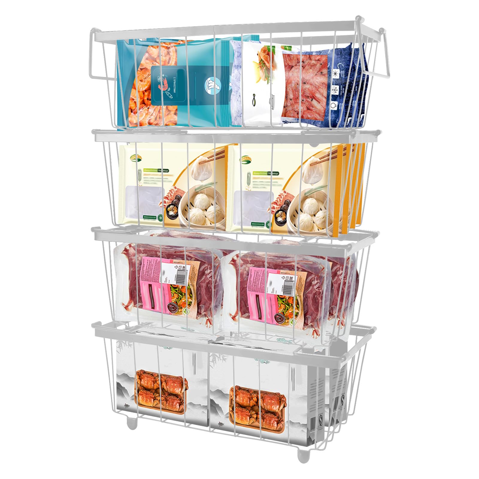 4 Organizer Per Congelatore - Cestini Metallici Impilabili Con Maniglie, 37.2x18.8x14 Cm - Foto 3