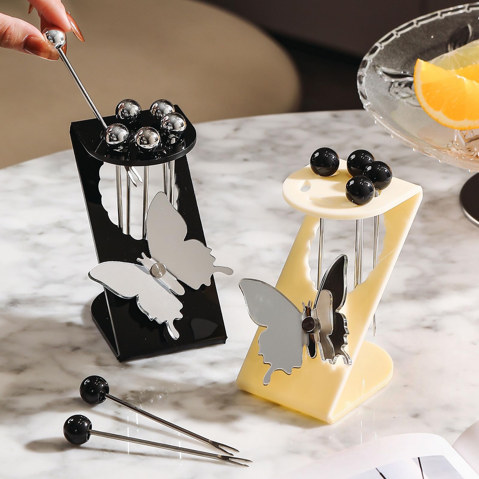 6 Pièces De Fourchettes De Fruits Dessert en Acier Inoxydable Réutilisables avec Support Unique Papillons Postuler À pour Gâteau Salade Cocktail Dessert Pique-Nique