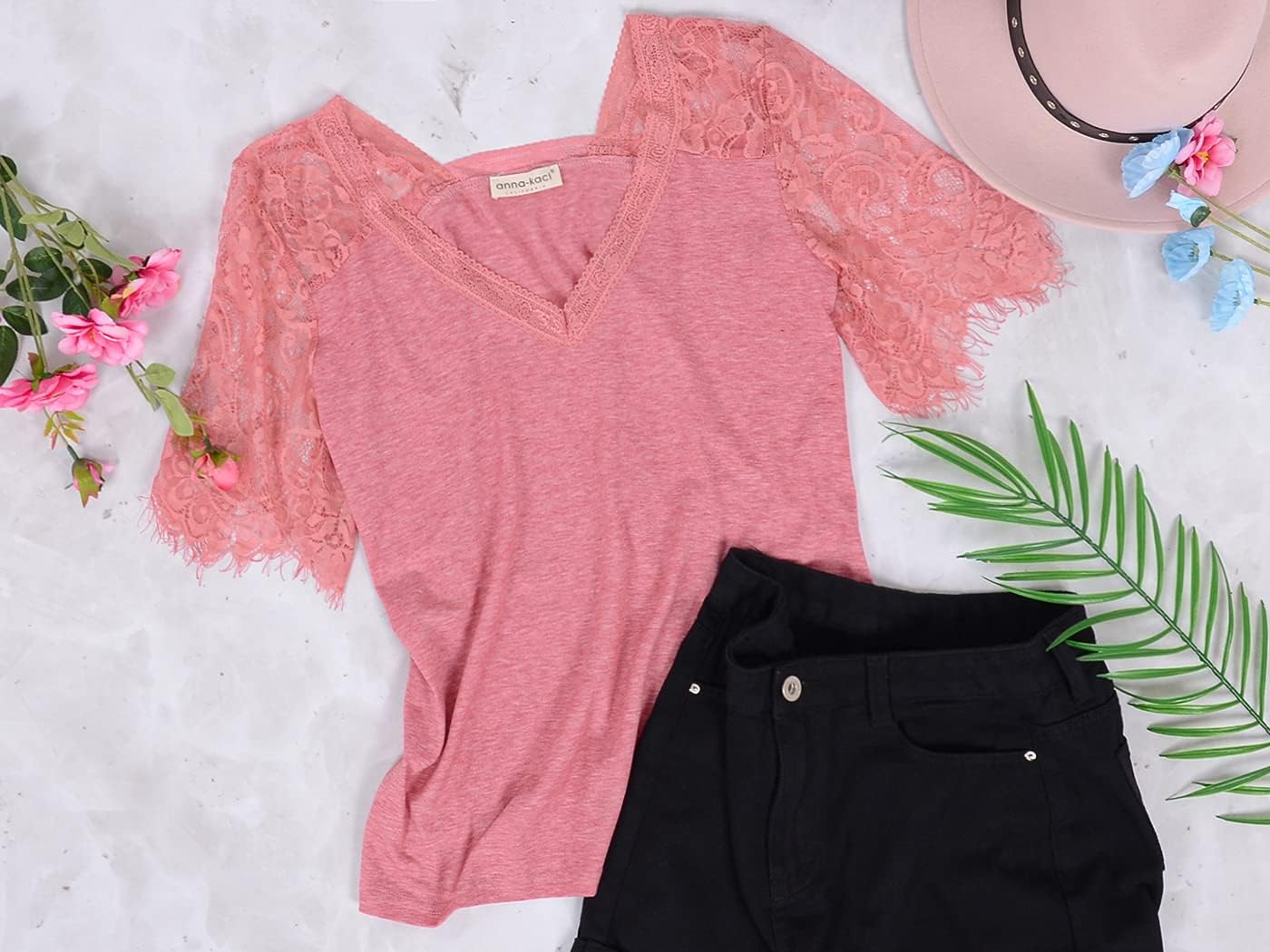 Anna-Kaci Women's Lace Loose Short Sleeve T-Shirt V Neck Cotton Summer Casual Tops Tee Shirts, - Image 5