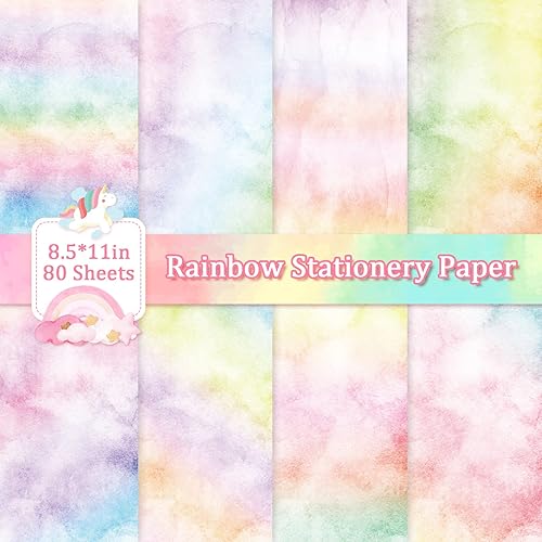 Miniatura 3 de Whaline 80 hojas de papel de papelería de color arcoíris de 8.5 x 11 pulgadas, estilo acuarela, papel estético, papel degradado pastel, papel
