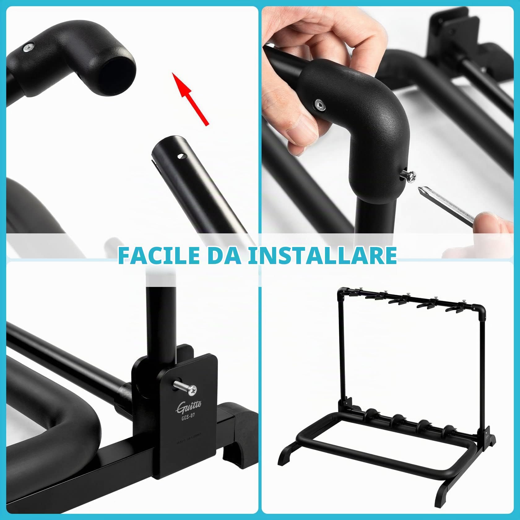 Guitto GGS-07 - Supporto universale pieghevole per chitarra portatile per palco, basso e chitarra acustica, 5 supporti