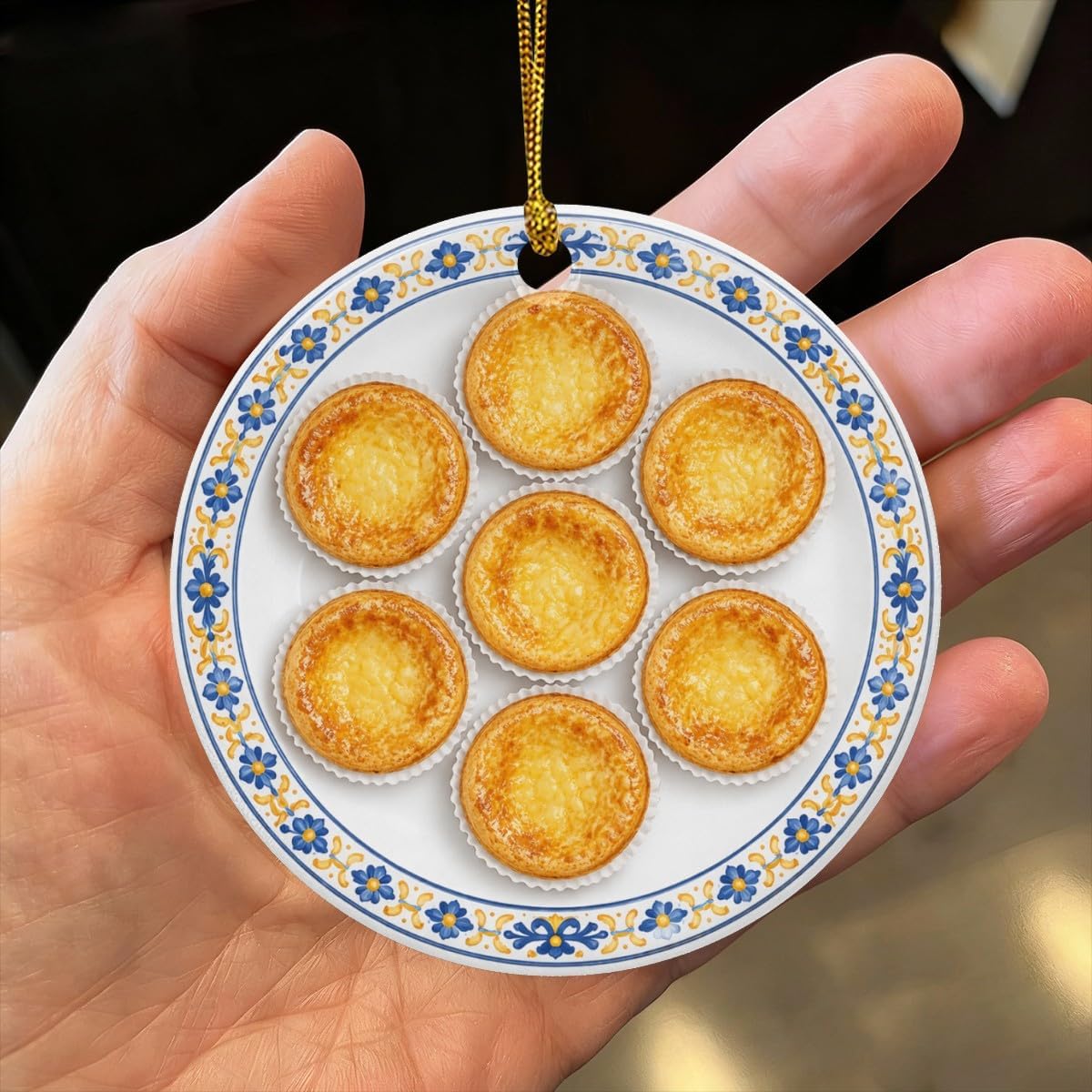 Queijadas Portuguese Cupcakes, Baked Portugal Dessert, Portugese Cuisine Personalized Food Flat Printed Image on Ceramic Ornament – NOT 3D, Custom Text Back, Christmas Ornament
