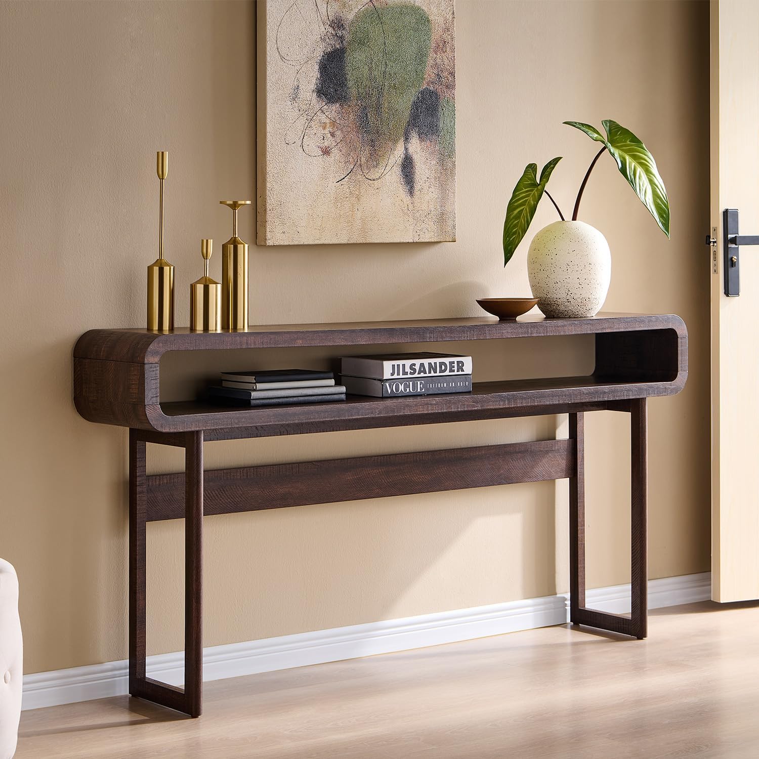 IFGET 63-Inch Long Console Table, 31.5" Tall Modern Entryway Table with Open Storage Shelf, Curved Profile Design, Narrow Wood Sofa Table Behind Couch Table for Living Room, Hallway,Foyer, Natural Oak