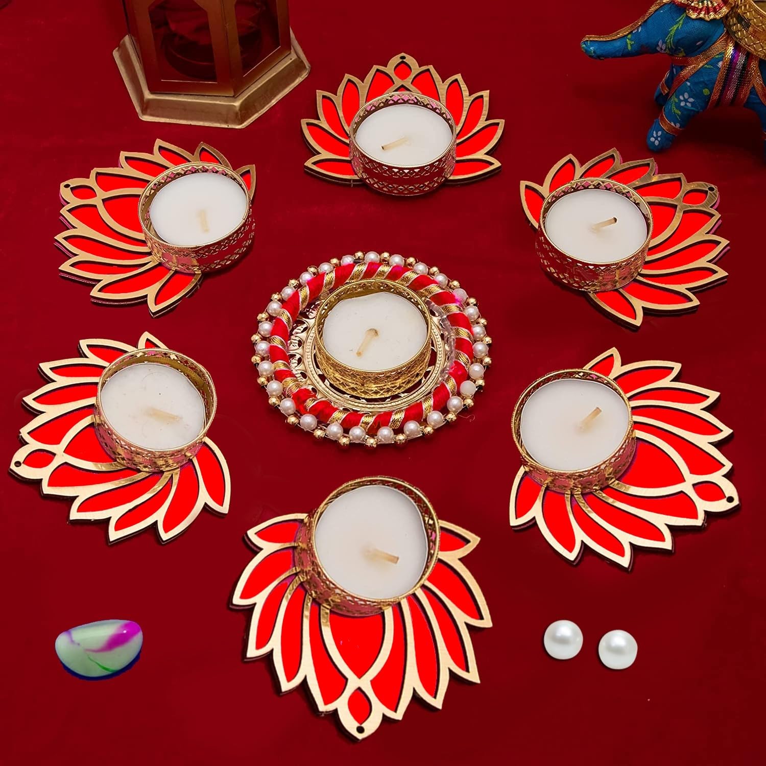 GIFT JAIPUR Handcrafted 7 Pc Red Lotus Chudi Diya Rangoli No Scent Candles With Wax For Diwali Ganesh Chaturthi Laxmi Pooja Home Temple Rangoli Diya Floor Light Decoration