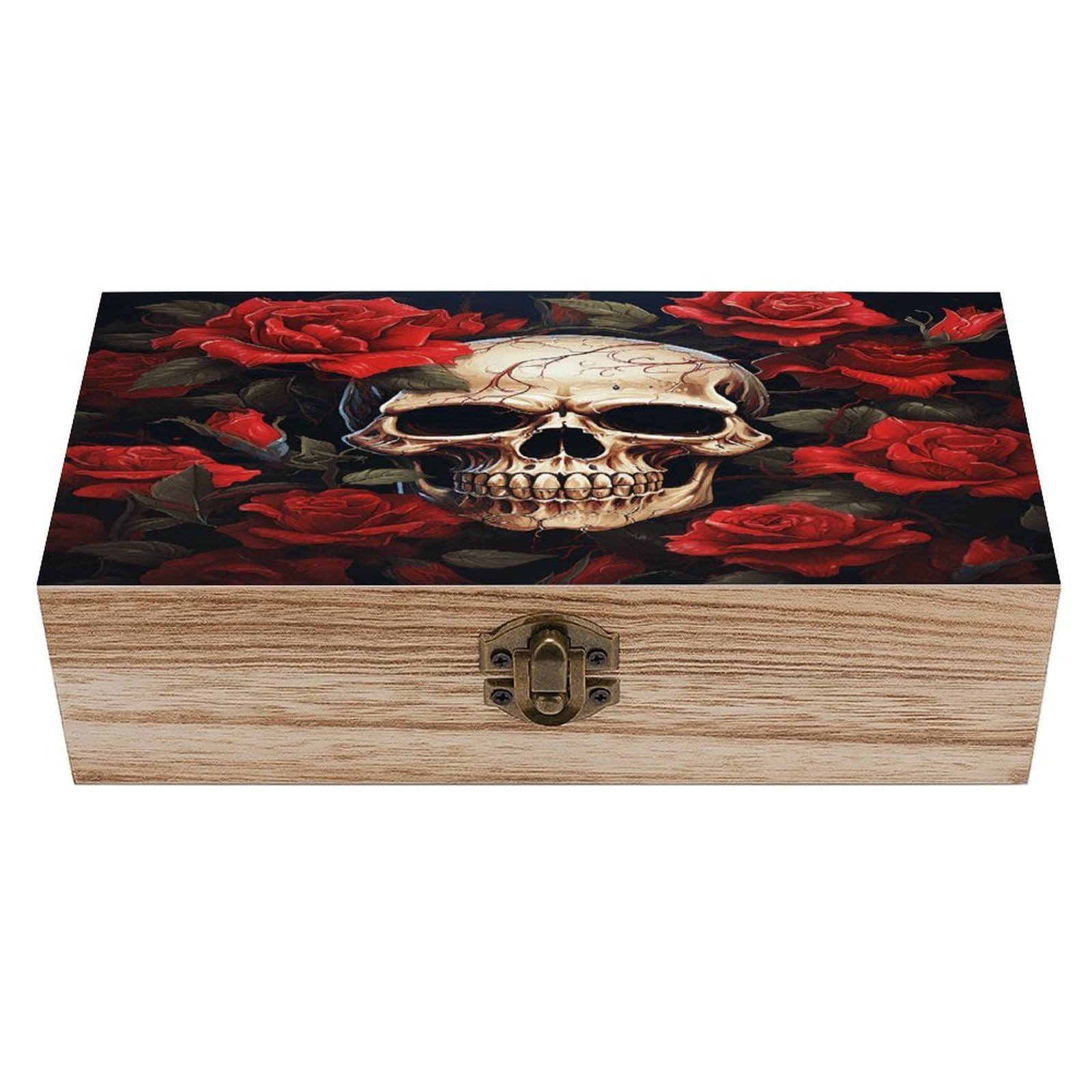 VstaDank Skull Rose-Red Wooden Storage Box Wooden Keepsake Box with Hinged Lid Exquisite Solid Wood Decorative Jewelry Case Memory Box for Jewelry Photos Letters Crafts Trinkets