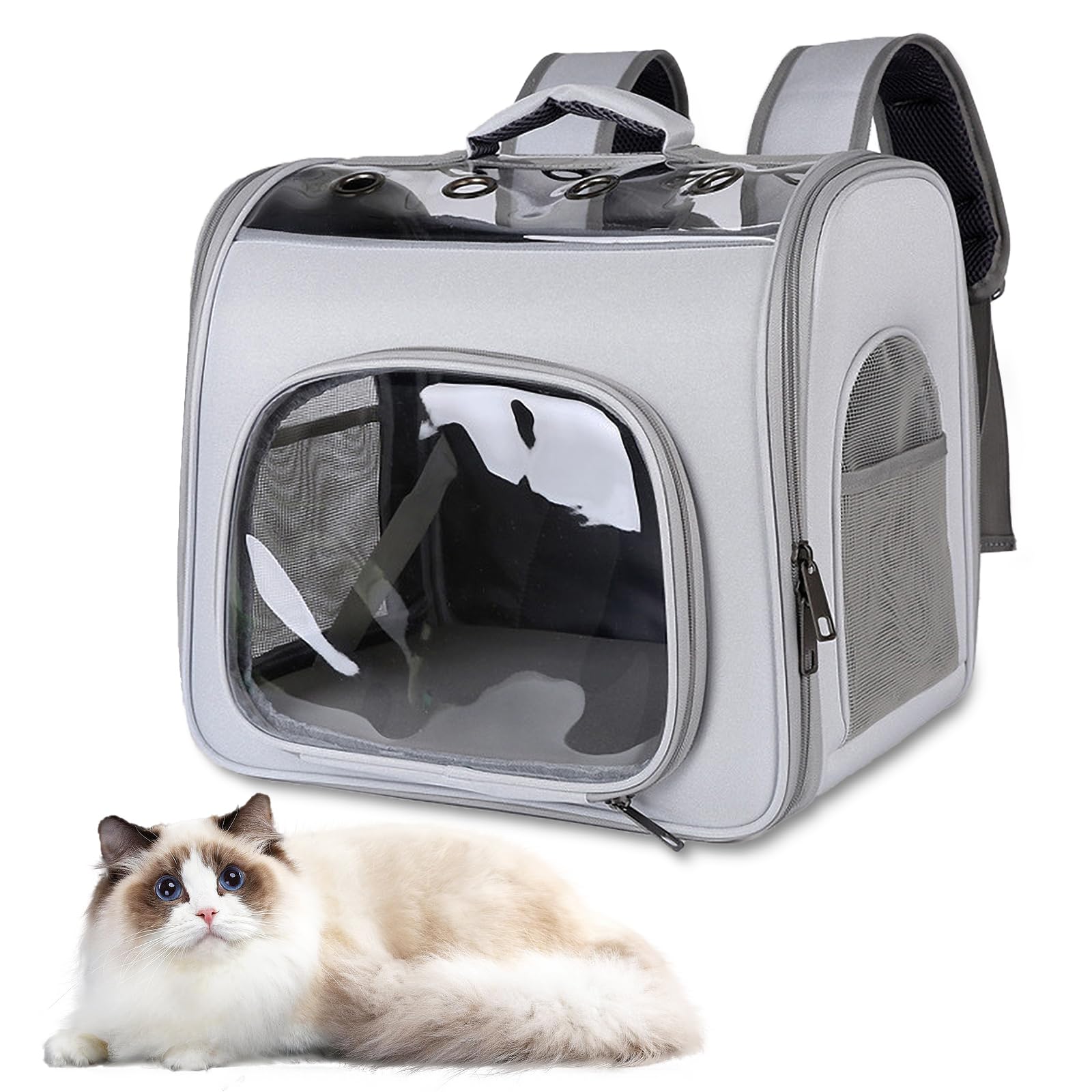 Cat Carrier Backpack, Pet Carrier Backpack for Small Medium Dogs and Cats, Fits up to 20 lbs Pets, Foldable Backpack with Safety Lock Zipper and Breathable Mesh (Grey)