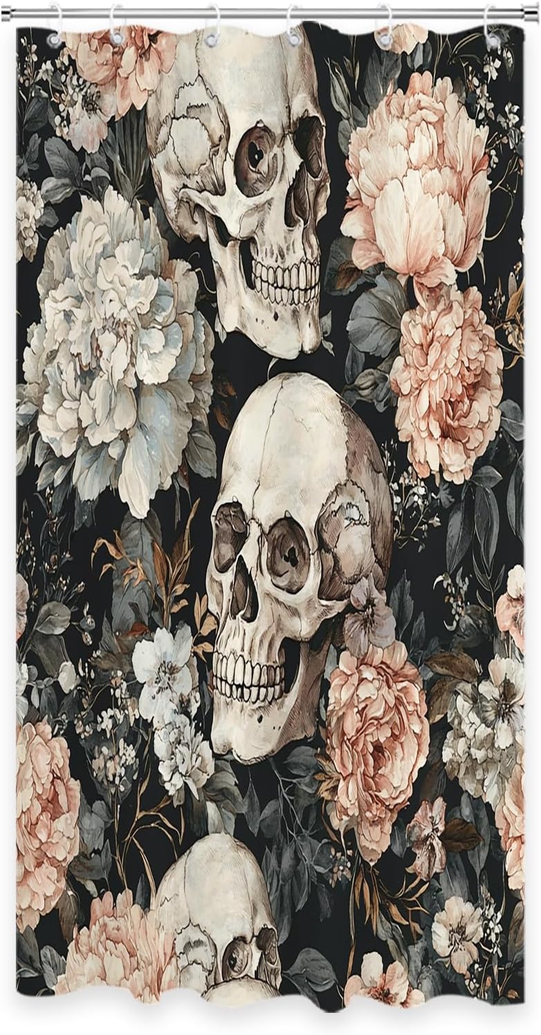 TheBlackSpot Black Funny Skulls Waffle Shower Curtain Halloween Gothic No Hooks Sugar Skull Shower Curtains with Snap in Liner Double Waterproof Detachable Bathroom Decor 72" W x 74" H